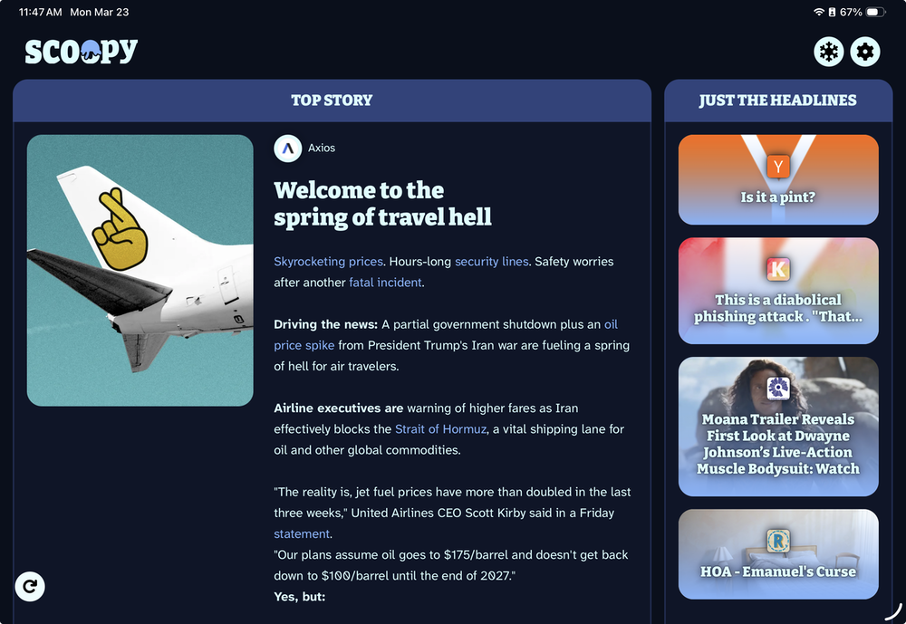 A screenshot of the scoopy interface showing several headlines from multiple sources.